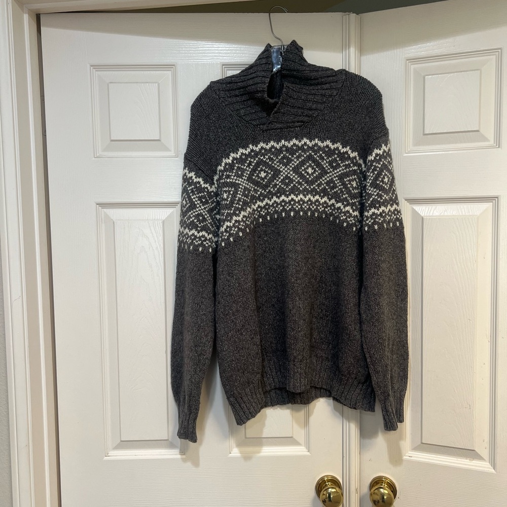 Gap Men’s Sz Large Wool Cotton Gray Fair isle  Shawl‎ Collar Thick Knit Sweater